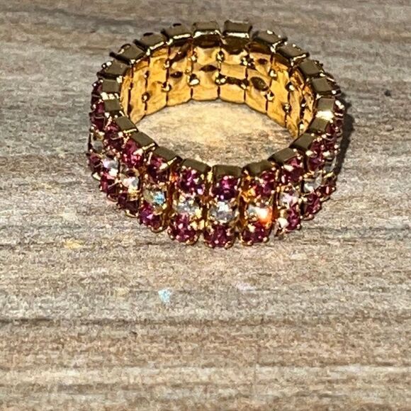 Pink Rhinestone In Gold Tone Stretch Band Ring - Picture 5 of 5